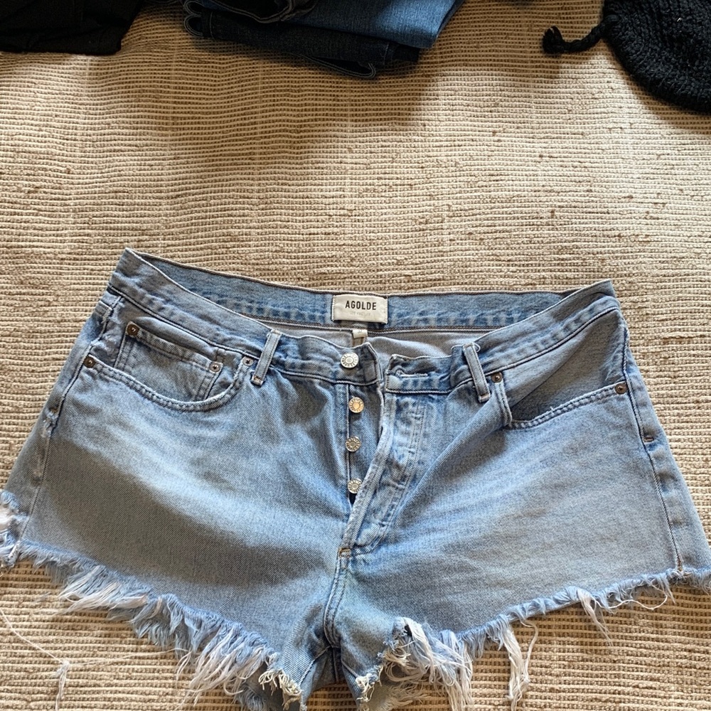 Agolde Frayed Hem Light Blue Jean Shorts